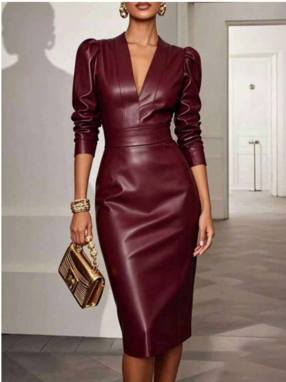 V Neck Puff Sleeve Faux Leather Midi Dress - NWOT - L